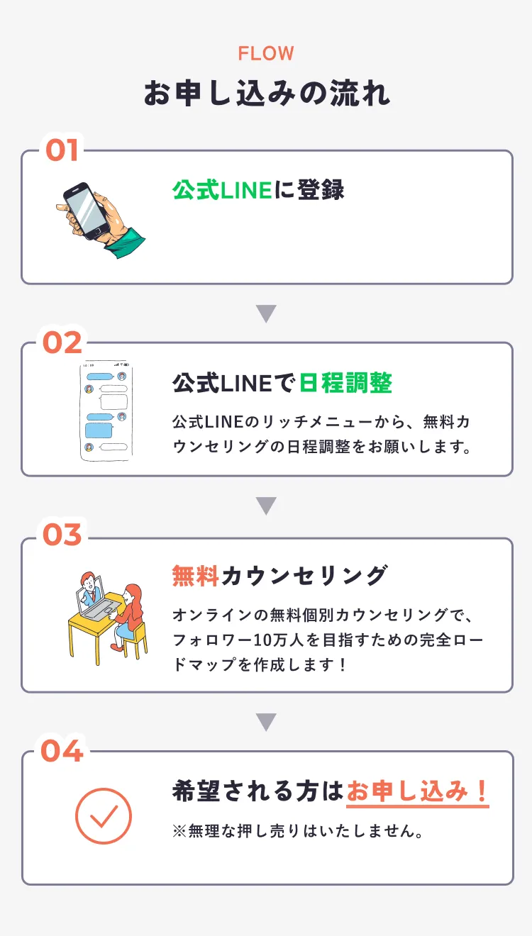 [01]公式LINEに登録 まずはこちらから公式LINEにご登録ください。[02]公式LINEで日程調整 公式LINEのリッチメニューから、無料カウンセリングの日程調整をお願いします。[03]無料カウンセリング オンラインの無料個別カウンセリングで、フォロワー10万人を目指すための完全ロードマップを作成します！[04]希望される方はお申込み！※無理な押し売りはいたしません。